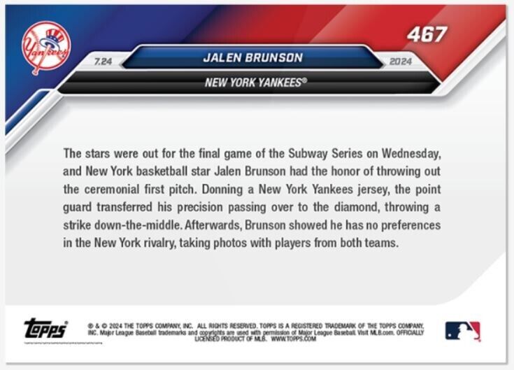 Jalen Brunson New York Yankees, Knicks 2024 Topps Now Card #467