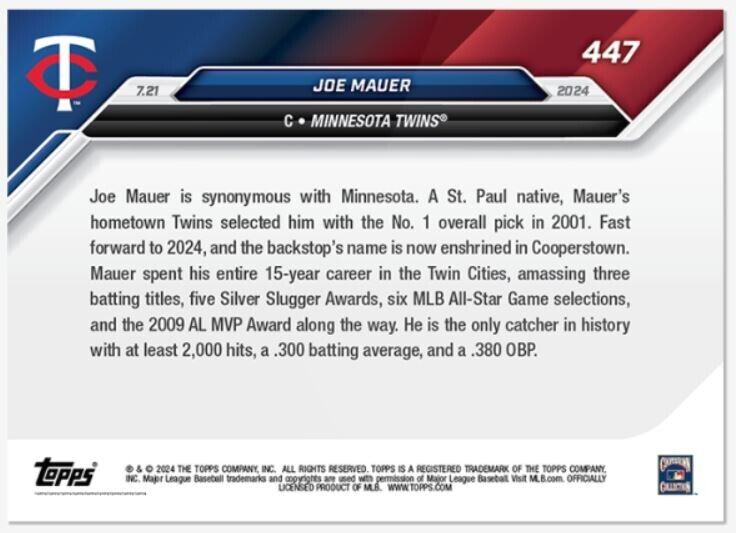 Joe Mauer Minnesota Twins 2024 Topps Now Card #447