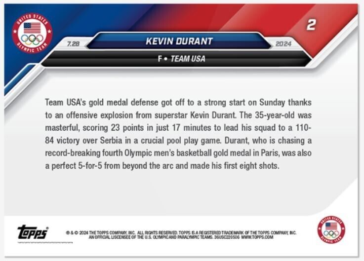 2024 Topps Now Olympics Card #2 Basketball Kevin Durant Team USA