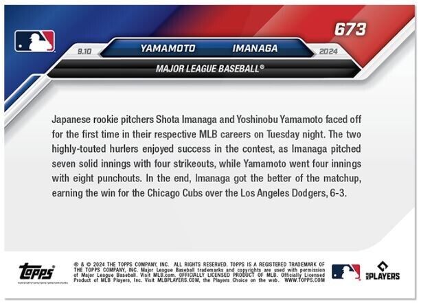 Shota Imanaga/Yoshinobu Yamamoto - 2024 MLB TOPPS NOW Card #673 Cubs/Dodgers