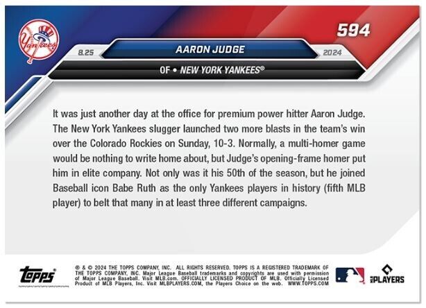 Aaron Judge 2024 Topps Now 594 Joins Ruth with 3rd 50 HR Season presale