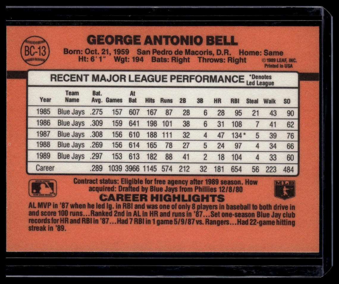 1990 Donruss #BC-13a George Bell Bonus MVP's