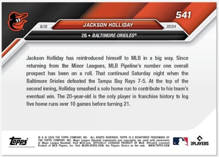 Jackson Holliday "5 HRs in 10 Games" - 2024 MLB TOPPS NOW® Card #541 RC