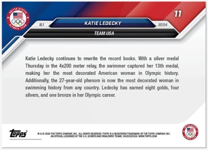 Katie Ledecky Team USA 2024 Topps Now Olympic Games Card #11