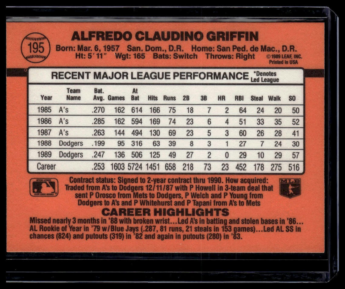 1990 Donruss #195b Alfredo Griffin