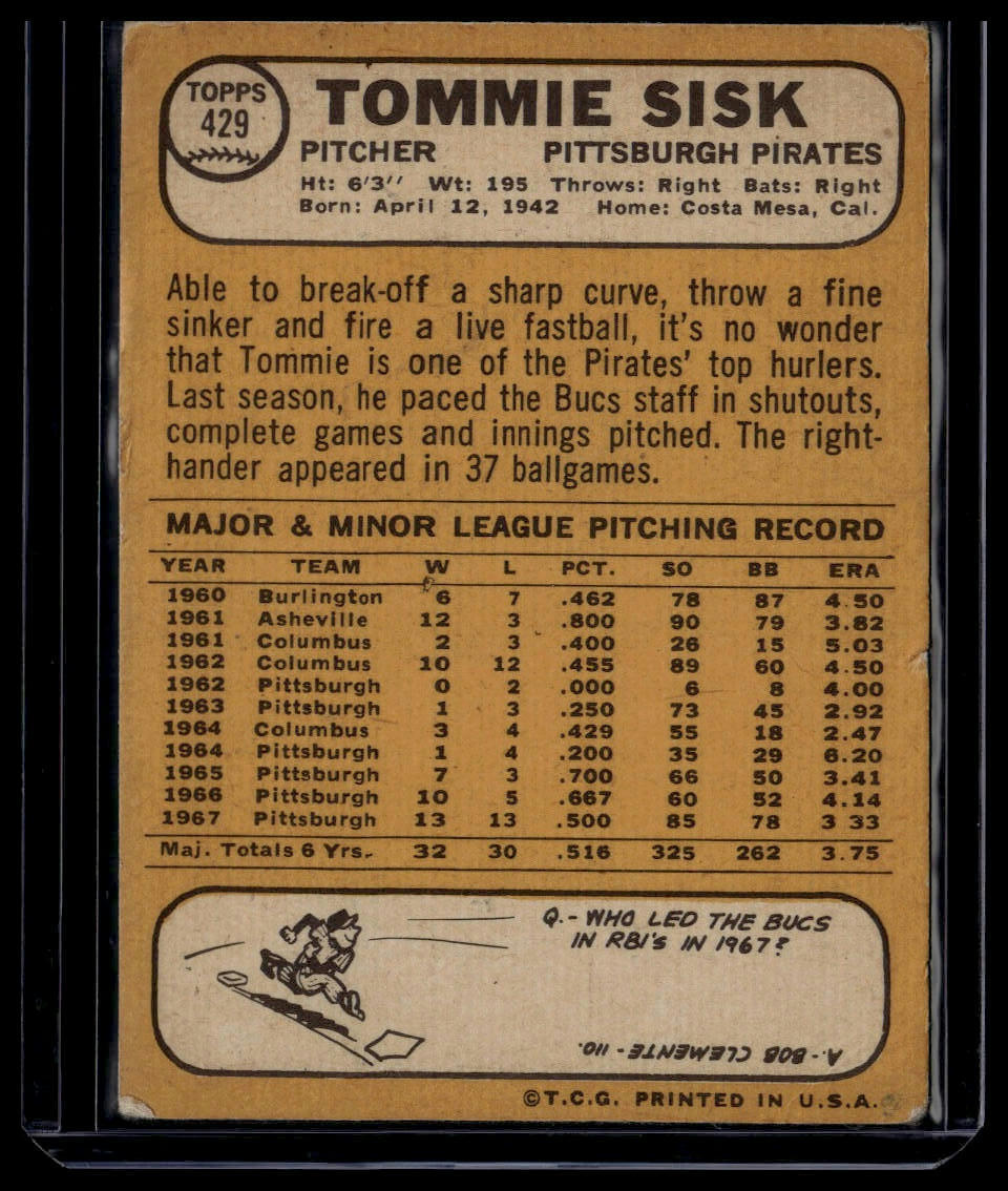 1968 Topps #429 Tommie Sisk None