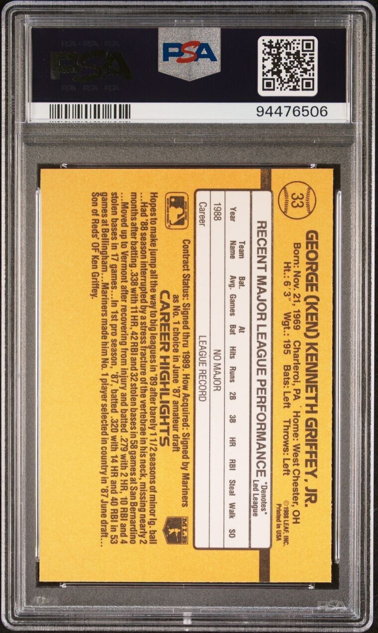 1989 Donruss Ken Griffey Jr. Rated Rookie Card #33 PSA 8 NM-MT