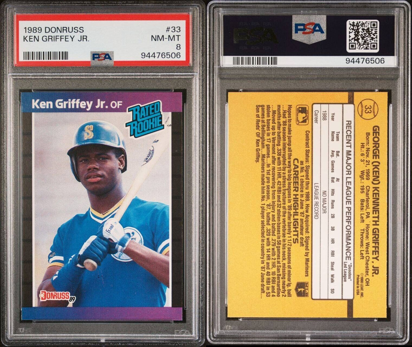 1989 Donruss Ken Griffey Jr. Rated Rookie Card #33 PSA 8 NM-MT