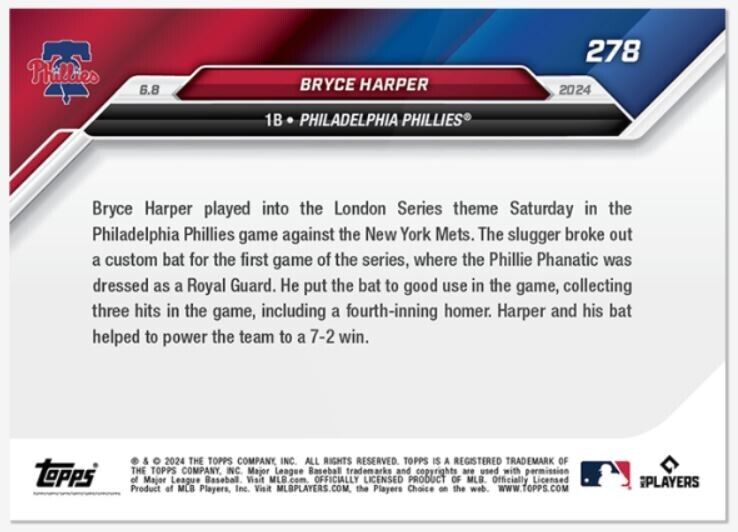 Bryce Harper  2024 Topps Now Card #278  Phillie Phanatic Royal Guard Bat London