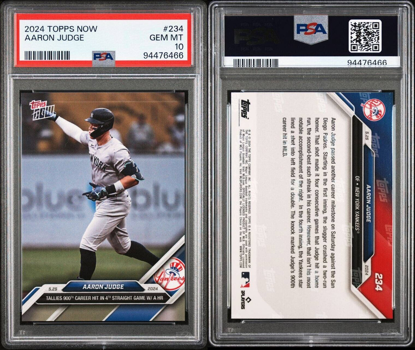 2024 Aaron Judge Topps Now #234 PSA 10 GEM MINT 900 Career Hits POP 13